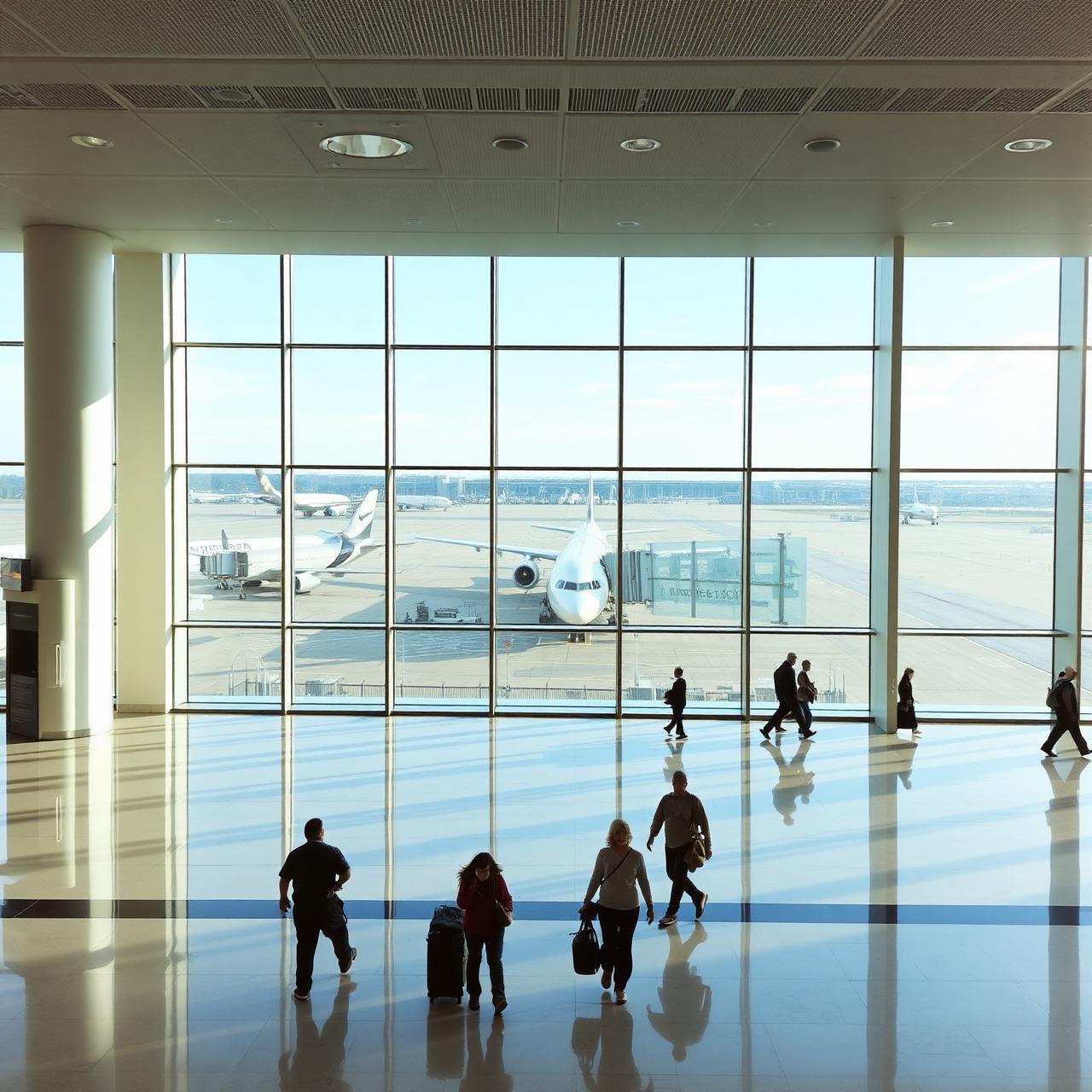 Travelers in a modern airport terminal